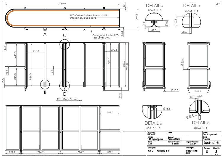 Bespoke hanging bar with integrated LED lighting - CAD drawing 1