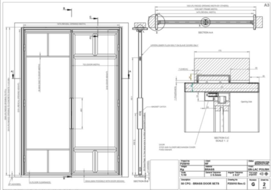 Brass doors, manufacturing drawing with sections