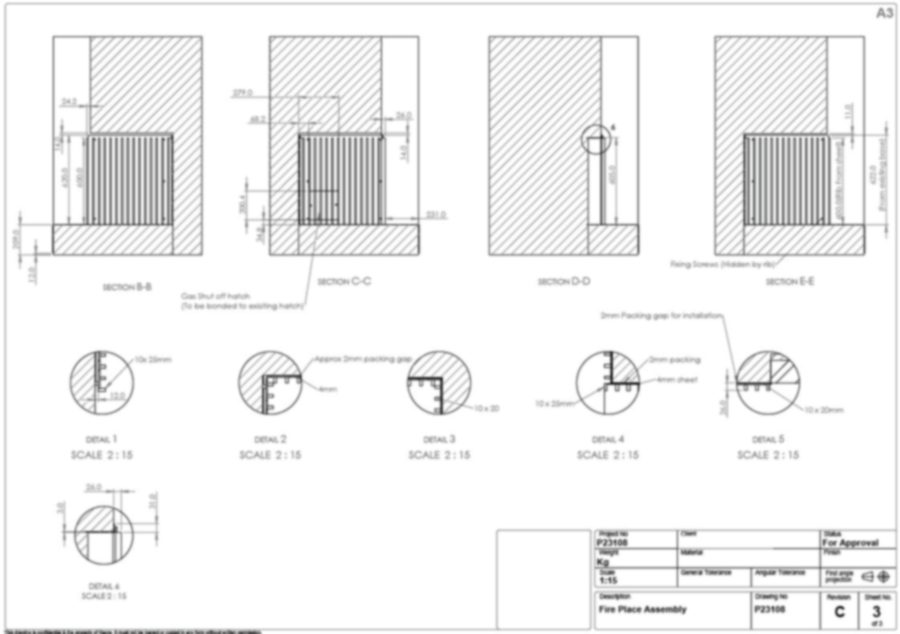 Fireplace, manufacturing drawing with sections and details