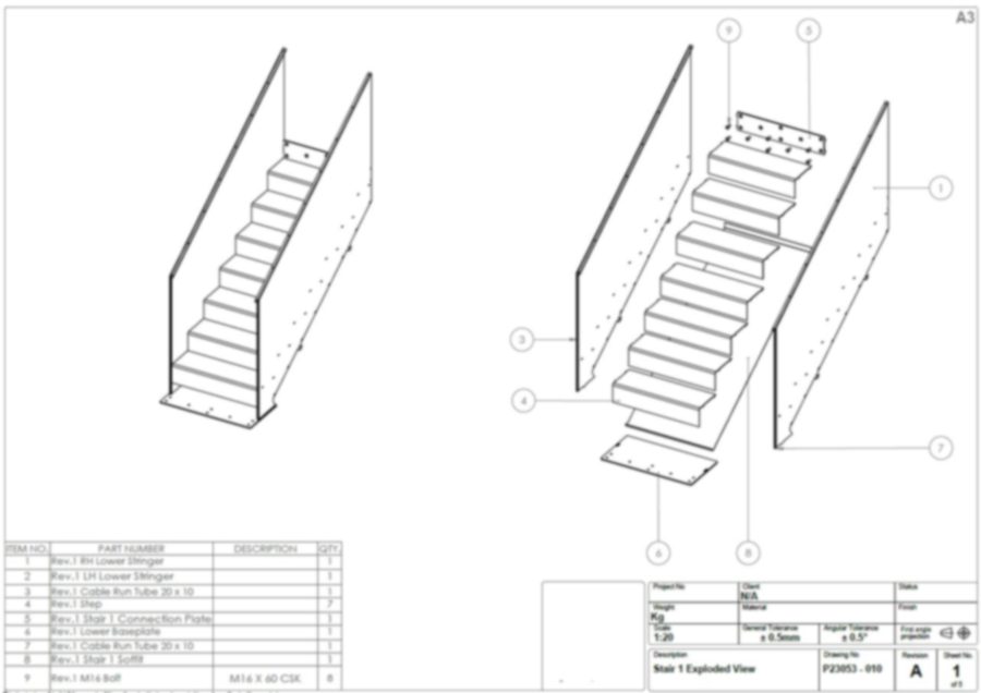 Steel staircase, exploded assembly drawing